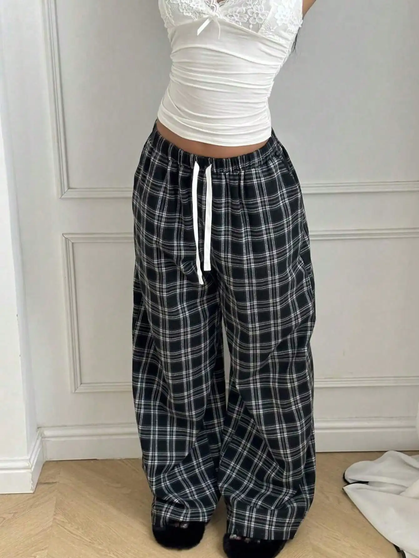 Summer Quick Dry Wide Leg Long Pants Unisex Navy White Plaid Check Print Drawstring Loose Y2K Daily Casual Streetwear Trousers