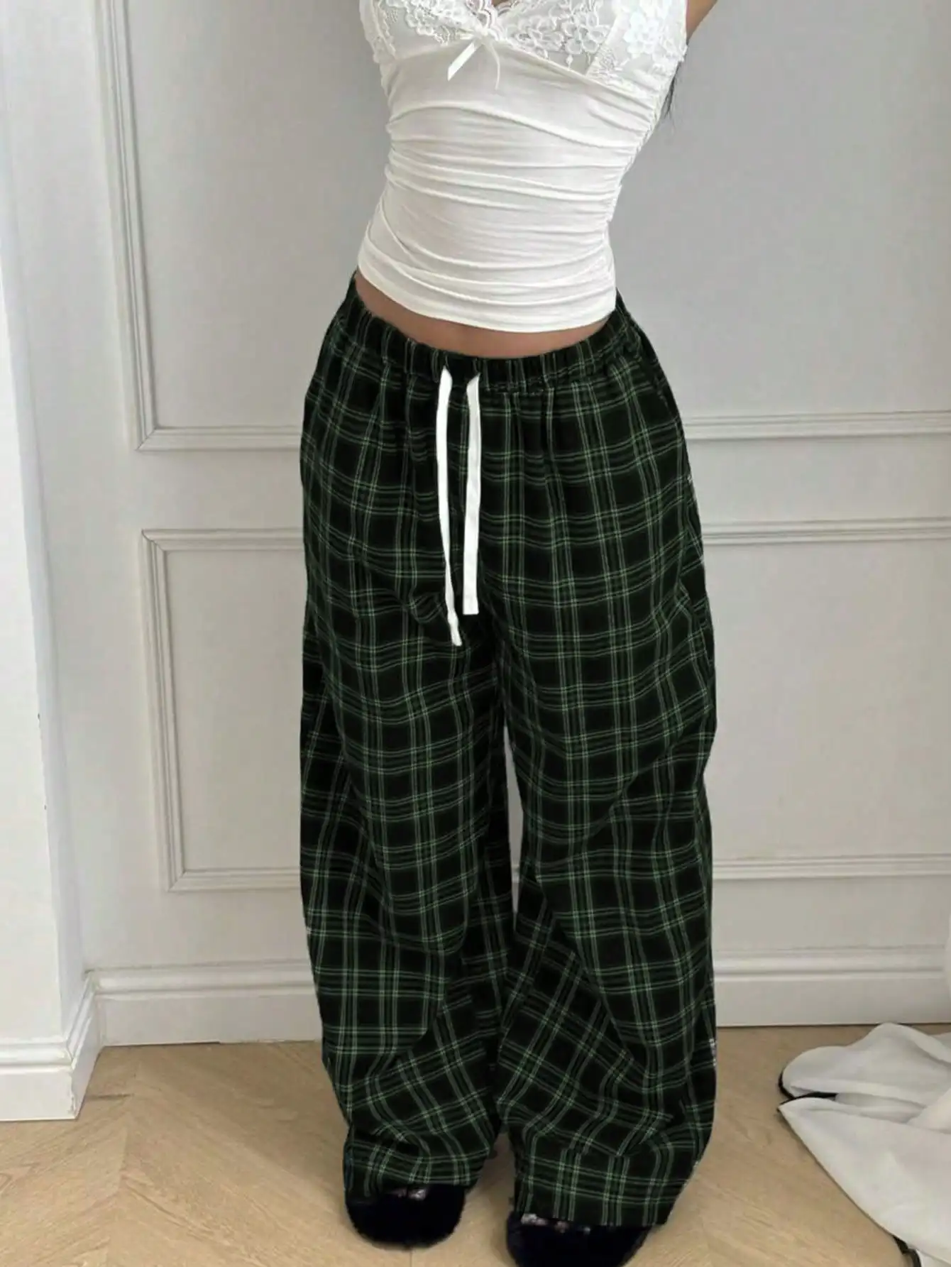 Summer Quick Dry Wide Leg Long Pants Unisex Navy White Plaid Check Print Drawstring Loose Y2K Daily Casual Streetwear Trousers