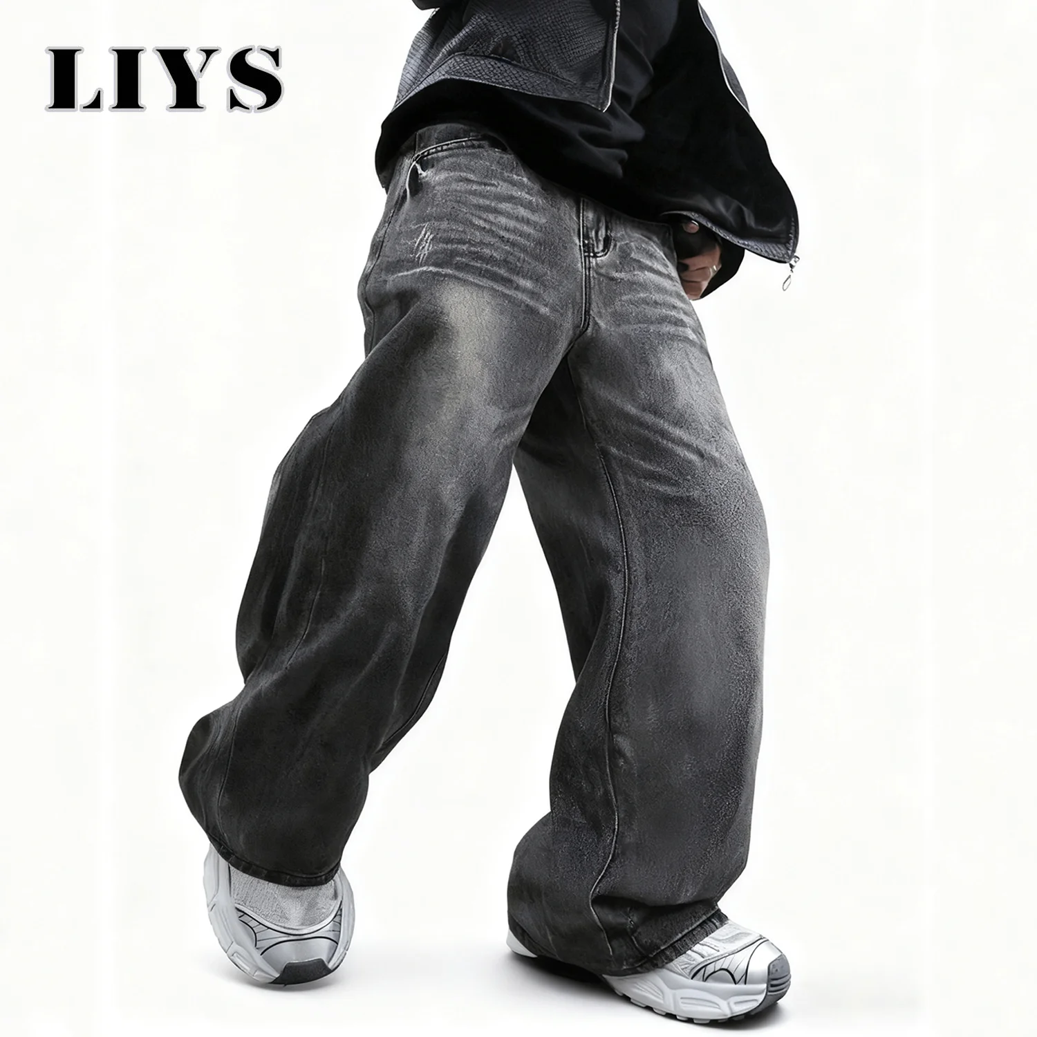 LIYS Men's Women's Retro Gray Ultra Baggy Wide-Leg Jeans Four Seasons Casual Oversized Loose Straight-Leg Denim Pants Unisex - Image 4