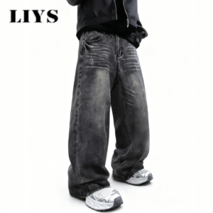 LIYS Men's Women's Retro Gray Ultra Baggy Wide-Leg Jeans Four Seasons Casual Oversized Loose Straight-Leg Denim Pants Unisex