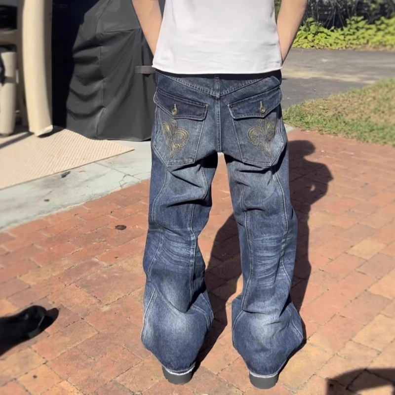 Mens Jeans Harajuku Vintage Streetwear Embroidery Hip Hop Denim Pants Washed Distressed Straight Leg Loose Fit Casual Unisex New - Image 2