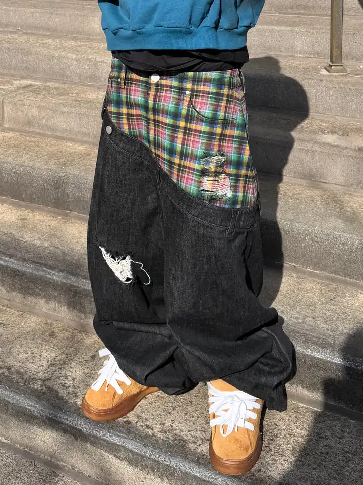 Y2k Slanted Runway Baggy Jeans Retro Plaid Patchwork Men Women Wide Leg Pants American Hip Hop Streetwear Unisex Casual Jeans Y2k Slanted Runway Baggy Jeans Retro Plaid Patchwork Men Women Wide Leg Pants American Hip Hop Streetwear Unisex Casual Jeans