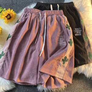 Gmiixder Vintage Shorts Men's Preppy Letter Embroid Corduroy Shorts Japanese Harajuku Half Trousers Unisex Spliced Sports Pants