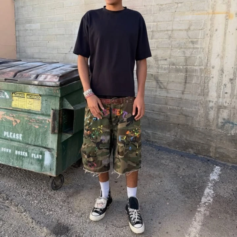 Y2K American Cargo Shorts Paint Splatter Camouflage Pattern Bottom New Trendy Retro Hip Hop Streetwear Unisex Baggy Short Pants