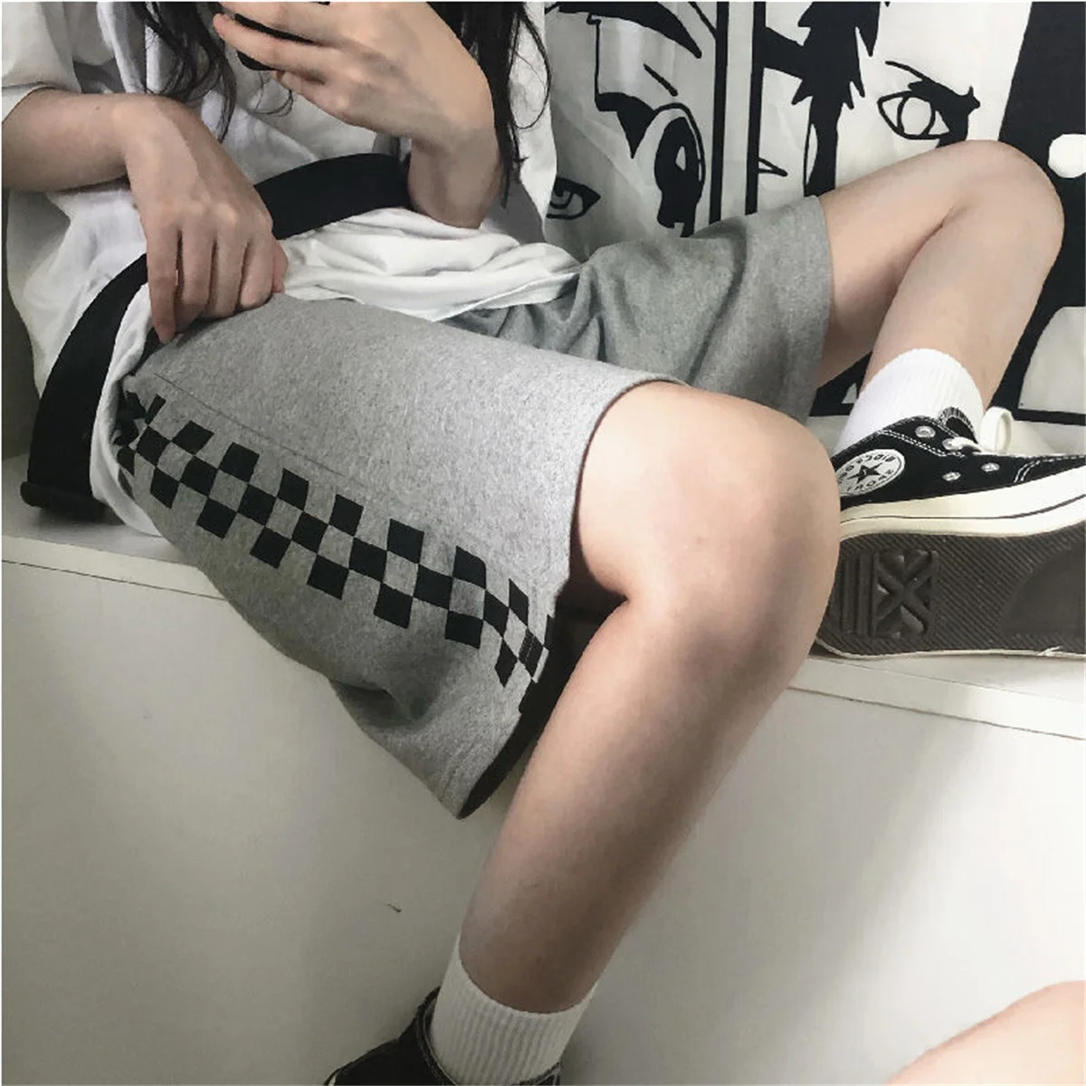 Shorts Women Retro Unisex Plaid Punk Simple Elastic Waist Casual Harajuku Trouser Couple Loose Y2k Daily Streetwear Gothic Men
