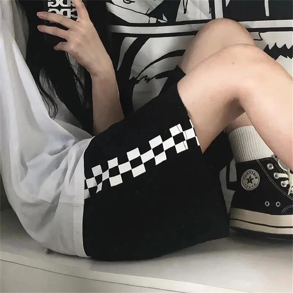 Shorts Women Retro Unisex Plaid Punk Simple Elastic Waist Casual Harajuku Trouser Couple Loose Y2k Daily Streetwear Gothic Men