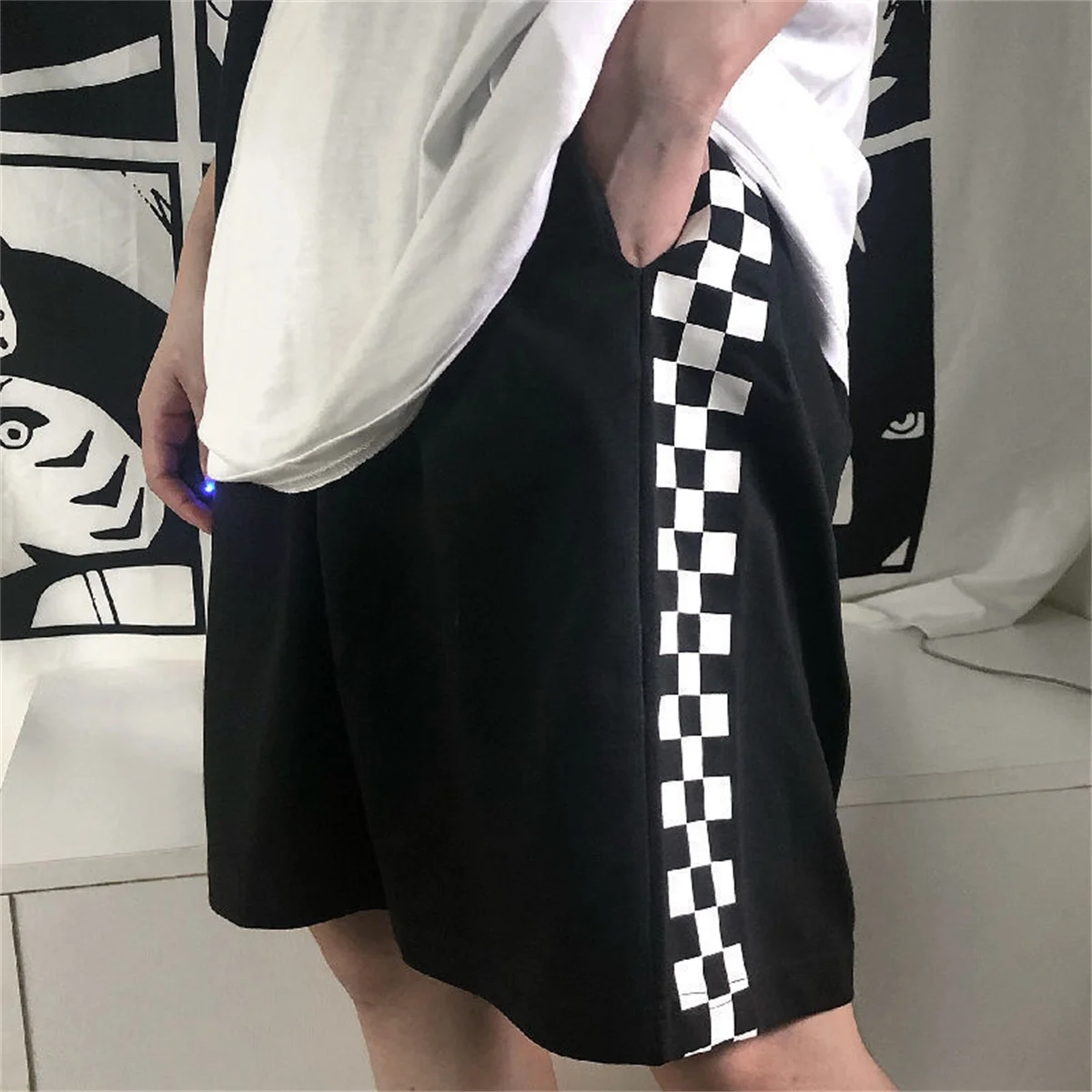 Shorts Women Retro Unisex Plaid Punk Simple Elastic Waist Casual Harajuku Trouser Couple Loose Y2k Daily Streetwear Gothic Men