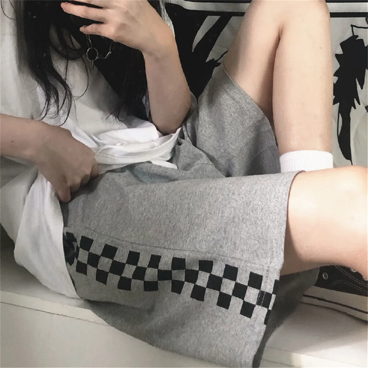 Shorts Women Retro Unisex Plaid Punk Simple Elastic Waist Casual Harajuku Trouser Couple Loose Y2k Daily Streetwear Gothic Men