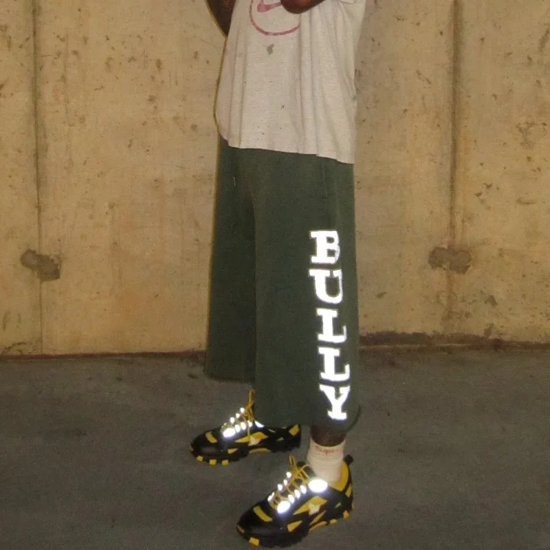 Y2K Retro Green Drawstring Shorts Reflective Print Distressed Bermuda Shorts American Casual Streetwear Unisex Baggy Sweatpants