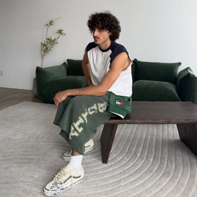Y2K Retro Green Drawstring Shorts Reflective Print Distressed Bermuda Shorts American Casual Streetwear Unisex Baggy Sweatpants