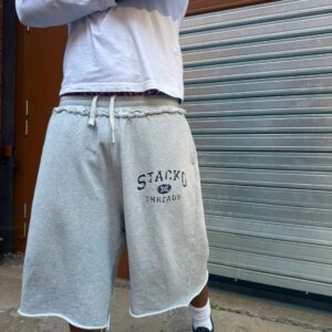 Streetwear Retro Pilot Sweatshorts Grey Crest Graphic Woven Label Frayed Long Shorts Y2K Swag Hip Hop Terry Unisex Baggy Shorts
