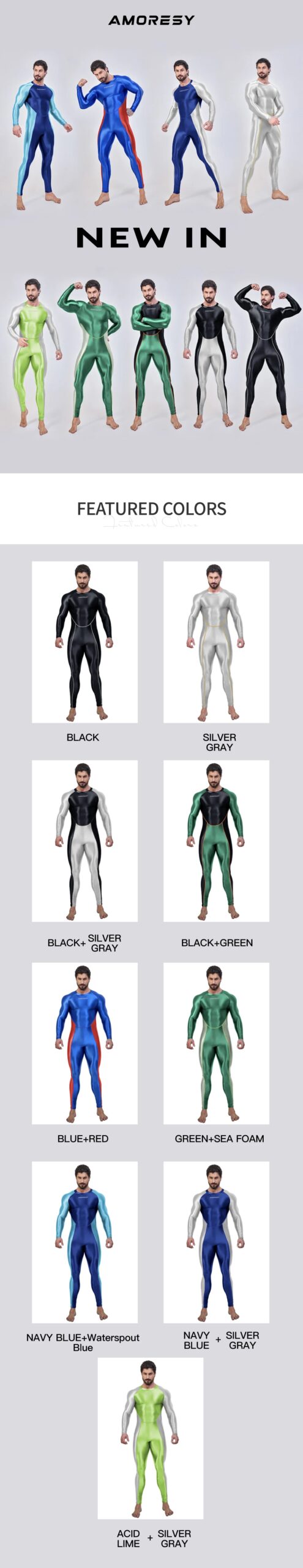 AMORESY Draco Series Men's Color Block Bodysuit Full-Length Spandex Sports Tights Catsuit Playsuit Swimwear Overall
