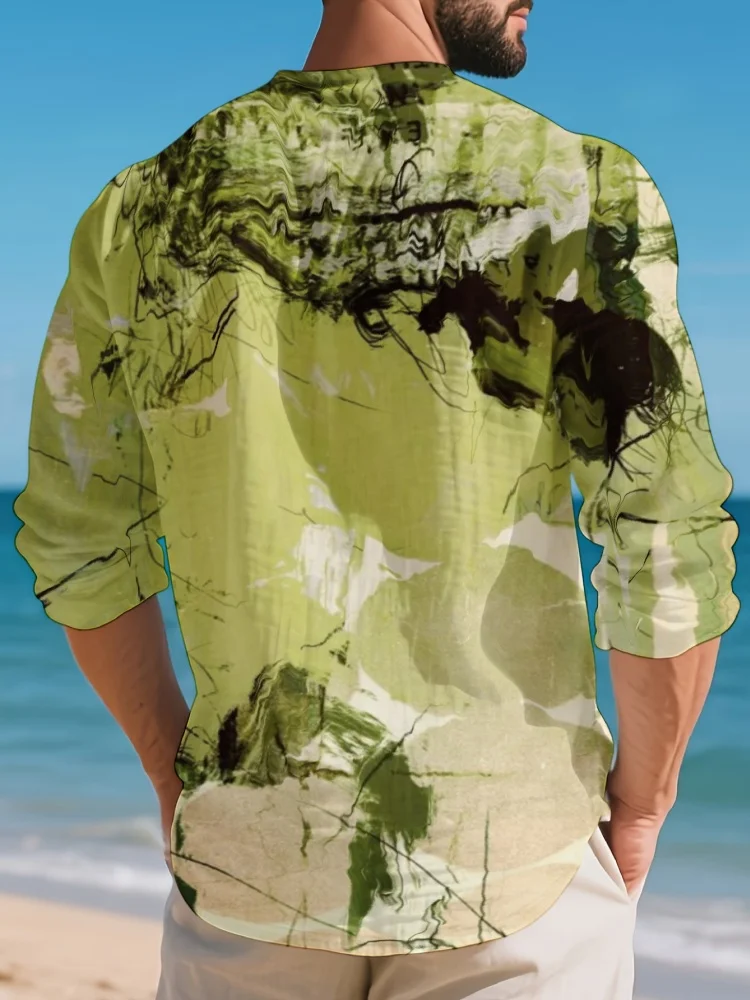 Men Henley Neck Shirt Abstract Brush Stroke Graffiti Art Print Long Sleeve Loose Tops Casual Beach Summer Resort Vacation Blouse