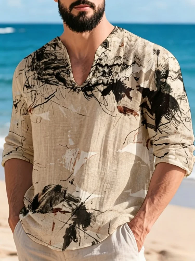 Men Henley Neck Shirt Abstract Brush Stroke Graffiti Art Print Long Sleeve Loose Tops Casual Beach Summer Resort Vacation Blouse