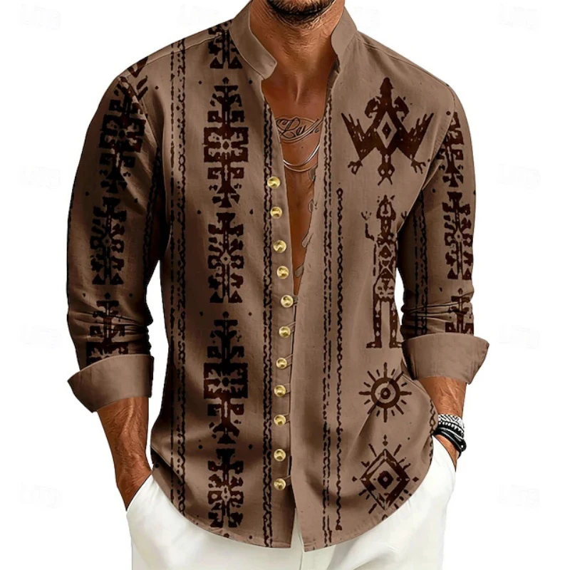 Men's Stand up Collar Long Sleeved Shirt with Retro Print and Loose Buckle, Bohemian Beach Vacation, Daily Casual Men's Top
