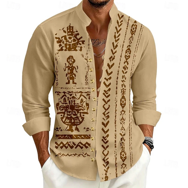 Men's Stand up Collar Long Sleeved Shirt with Retro Print and Loose Buckle, Bohemian Beach Vacation, Daily Casual Men's Top