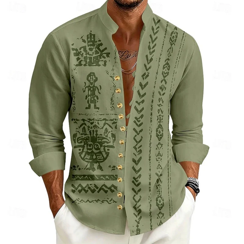 Men's Stand up Collar Long Sleeved Shirt with Retro Print and Loose Buckle, Bohemian Beach Vacation, Daily Casual Men's Top