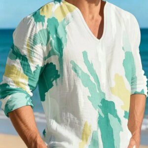 Holiday Summer Long Sleeve Shirts Casual Loose V-neck Brush Printed Colorblock Tunics Blouse 2026 Vintage Beach Vacation Top
