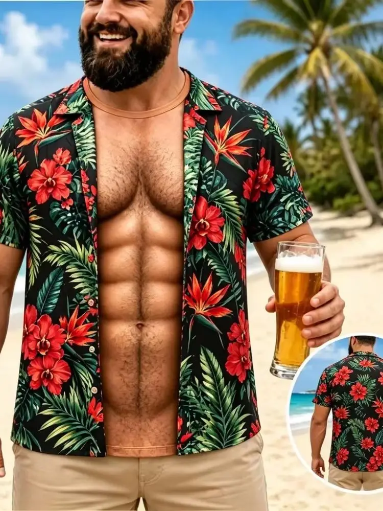 Men Funny Muscle Illusion T-Shirt 3D Print Fake Open Hawaiian Tee Too Hot to Handle Summer Holiday Casual Gift Men's Clothing Men Funny Muscle Illusion T-Shirt 3D Print Fake Open Hawaiian Tee Too Hot to Handle Summer Holiday Casual Gift Men's Clothing
