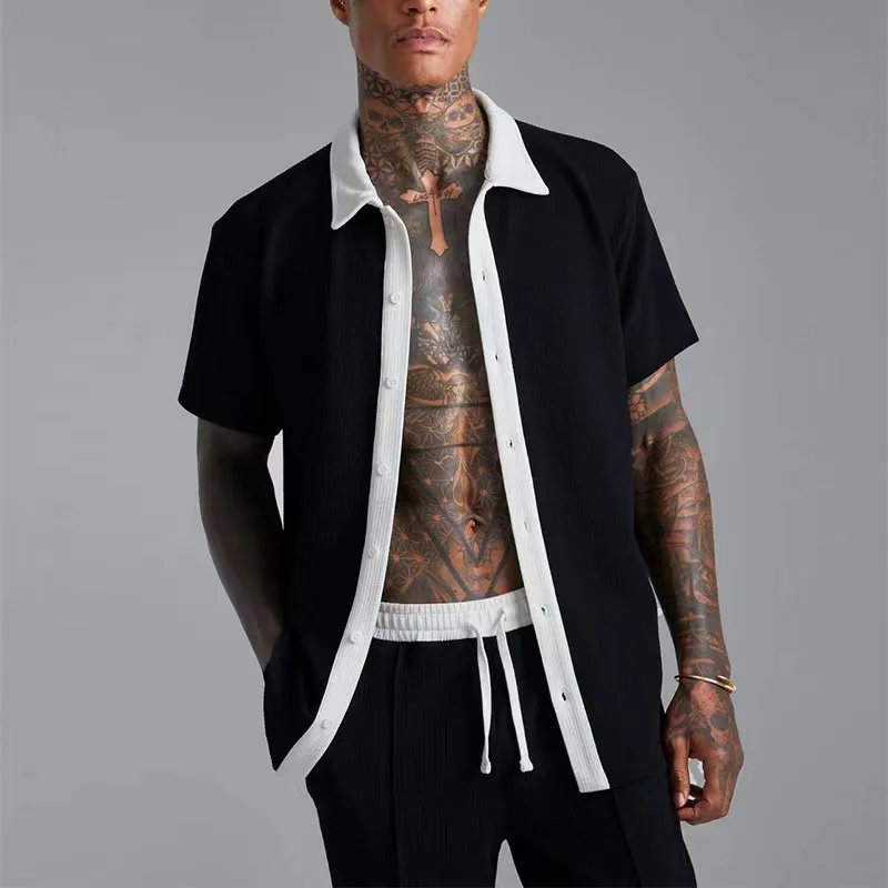 2025 Summer Beach Suit Fashion Patchwork Color Large Size Two-Piece Men's Short Sleeve Shirt + Shorts Hawaiian Casual Clothing