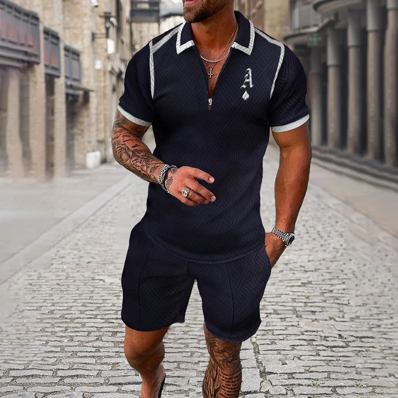 Men Zipper Polo Shirt Suit 2 Pcs Tracksuit Summer 3D Print Beach Boho Geometric Style Holiday Clothing Ensembles De Sport