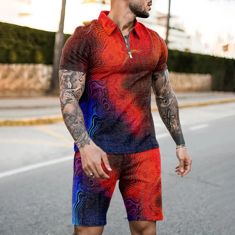 Men Zipper Polo Shirt Suit 2 Pcs Tracksuit Summer 3D Print Beach Boho Geometric Style Holiday Clothing Ensembles De Sport