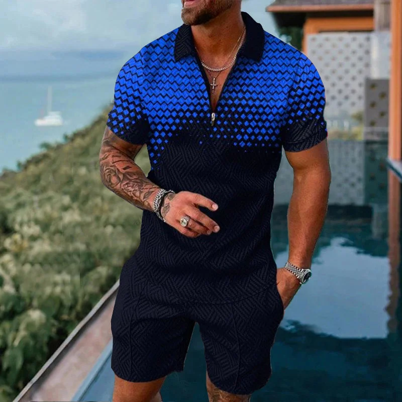 Men Zipper Polo Shirt Suit 2 Pcs Tracksuit Summer 3D Print Beach Boho Geometric Style Holiday Clothing Ensembles De Sport