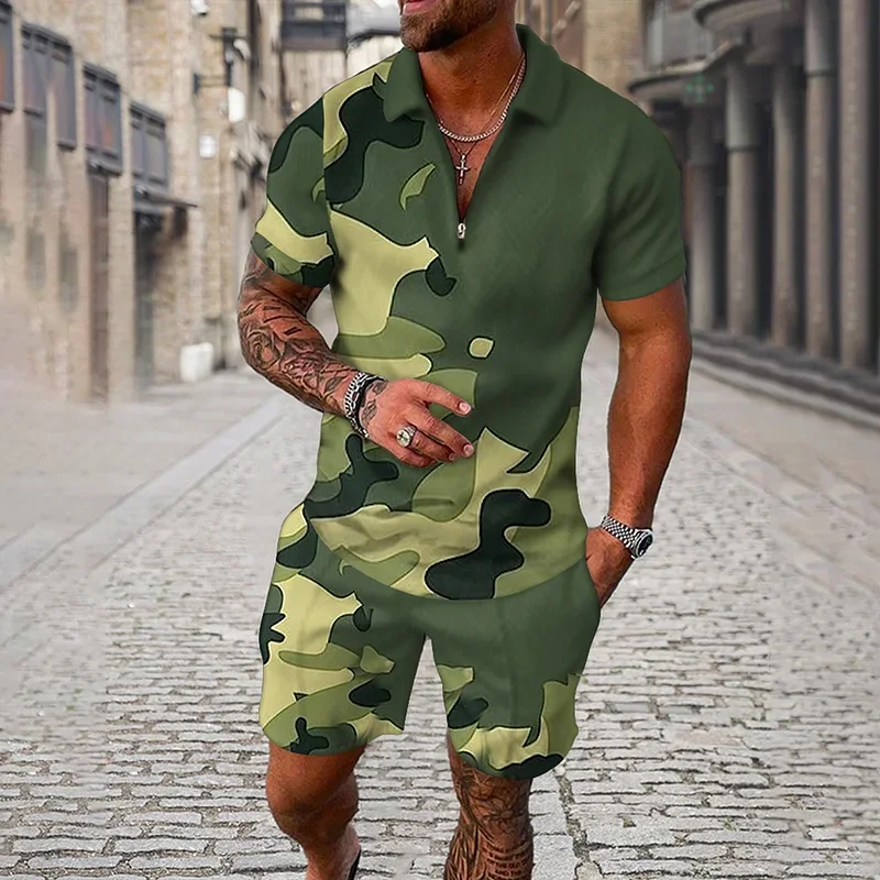 Men Zipper Polo Shirt Suit 2 Pcs Tracksuit Summer 3D Print Beach Boho Geometric Style Holiday Clothing Ensembles De Sport