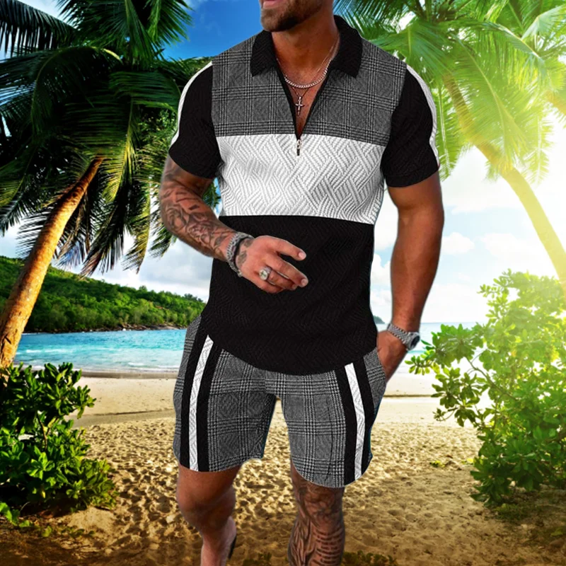 Men Zipper Polo Shirt Suit 2 Pcs Tracksuit Summer 3D Print Beach Boho Geometric Style Holiday Clothing Ensembles De Sport