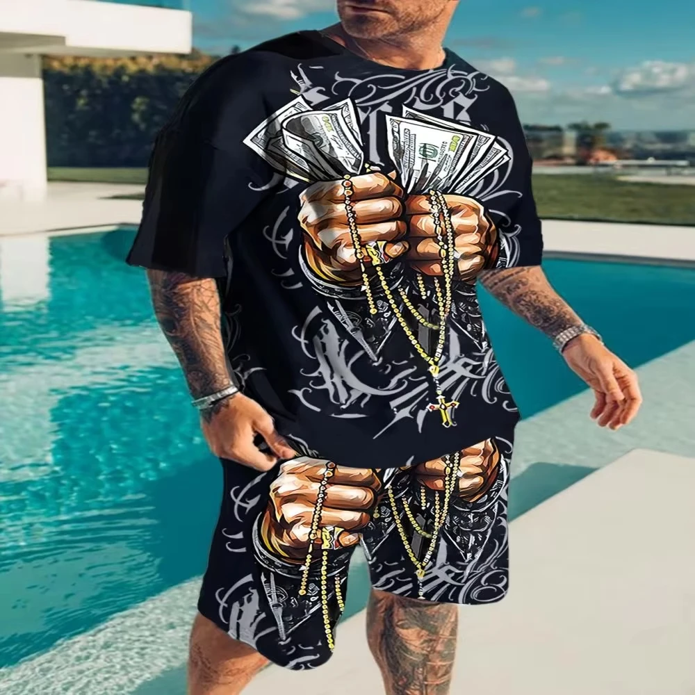 Fashionable men's sportswear summer beach short sleeved 3D printed shirt set street wear T-shirt shorts men's loose size clothes Fashionable men's sportswear summer beach short sleeved 3D printed shirt set street wear T-shirt shorts men's loose size clothes