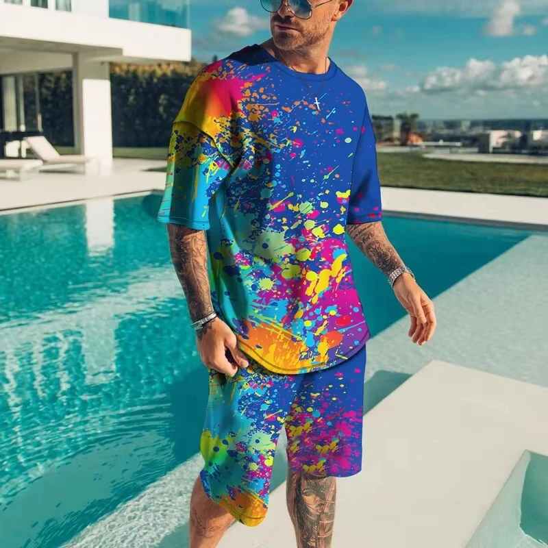Fashionable men's sportswear summer beach short sleeved 3D printed shirt set street wear T-shirt shorts men's loose size clothes Fashionable men's sportswear summer beach short sleeved 3D printed shirt set street wear T-shirt shorts men's loose size clothes