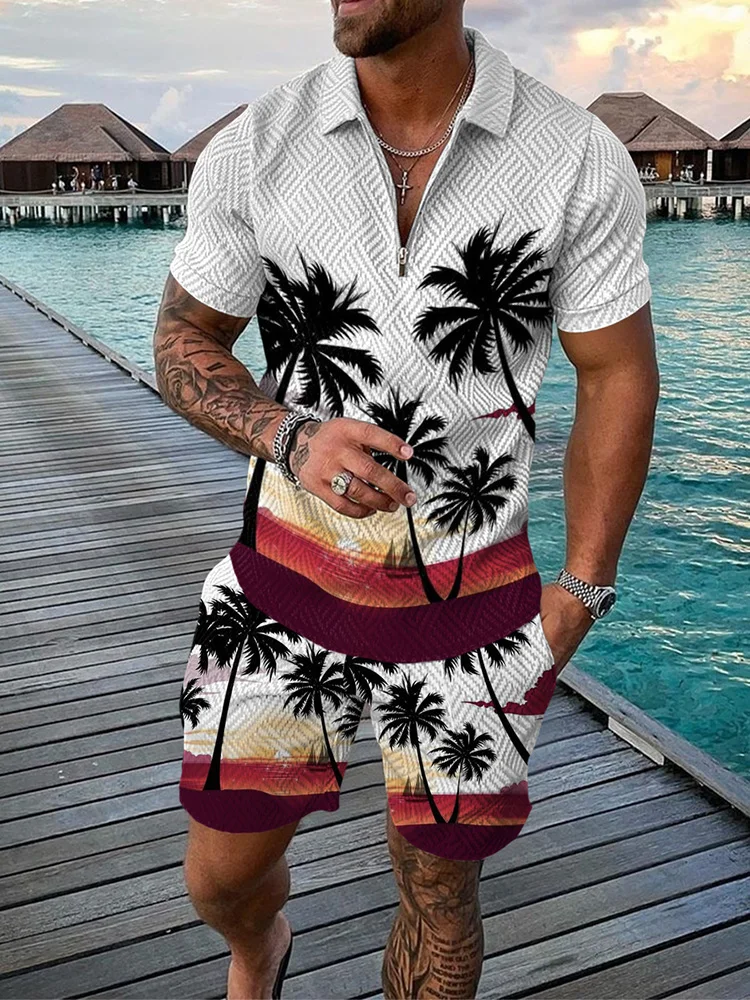 Funny Coconut Tree Print Men's Sets Summer Fashion Zip Polo Short Sleeve Tops Shorts Outfit Hawaiian Beach Vacation Casual Suit