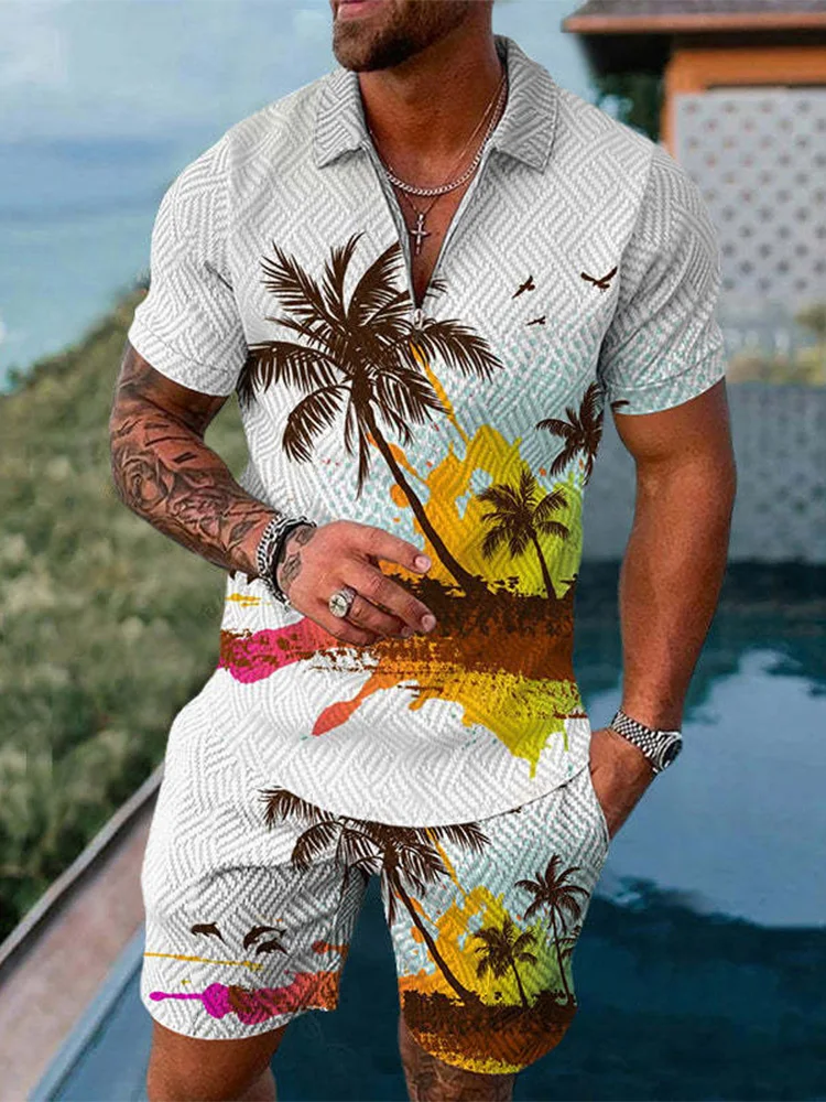 Funny Coconut Tree Print Men's Sets Summer Fashion Zip Polo Short Sleeve Tops Shorts Outfit Hawaiian Beach Vacation Casual Suit