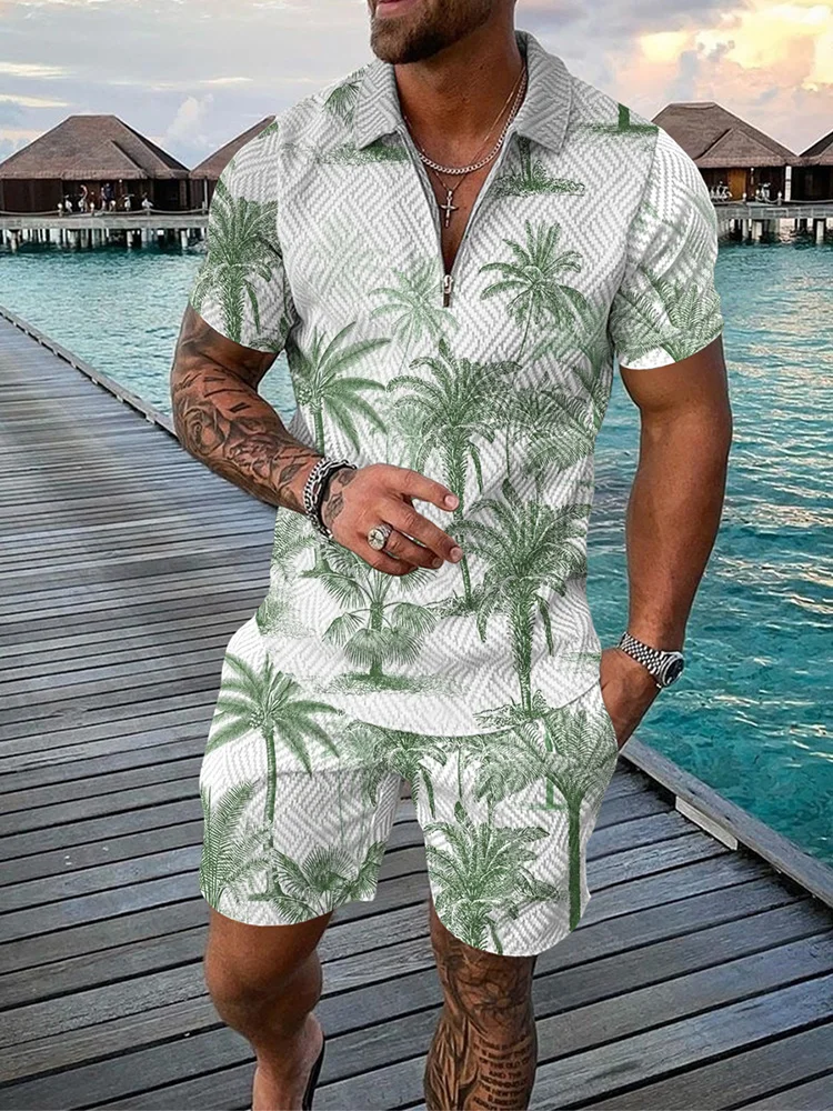 Funny Coconut Tree Print Men's Sets Summer Fashion Zip Polo Short Sleeve Tops Shorts Outfit Hawaiian Beach Vacation Casual Suit