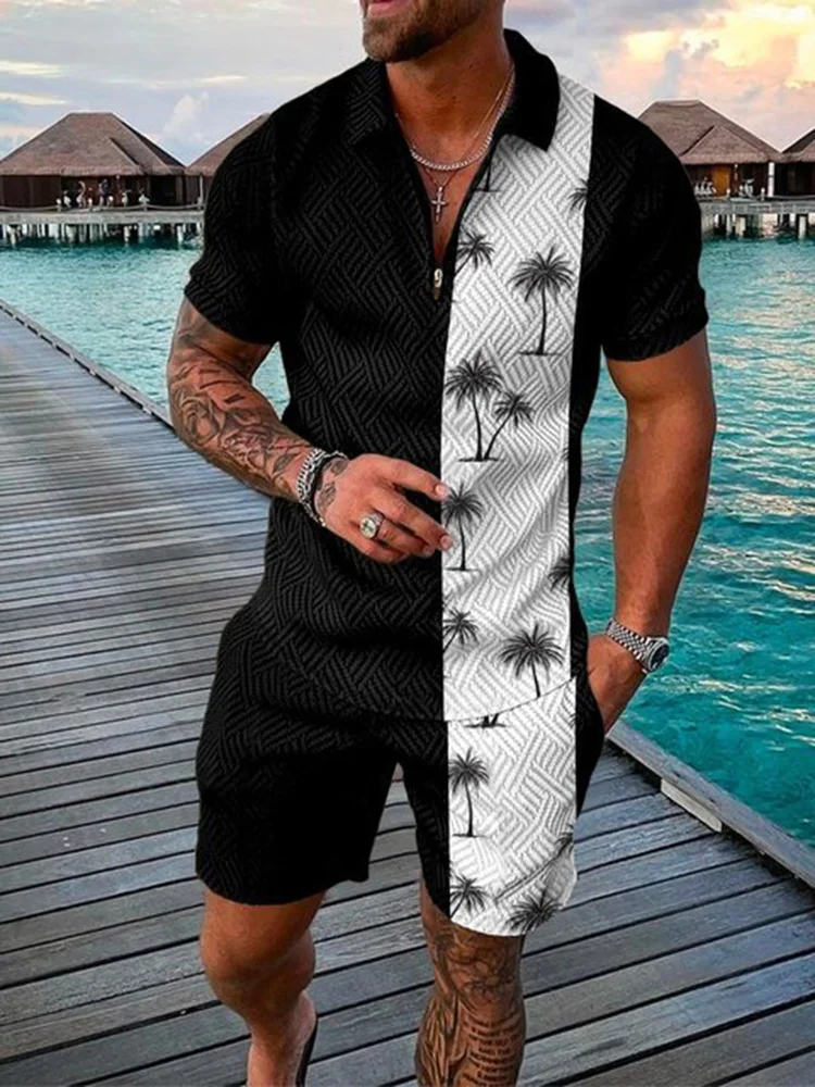 Funny Coconut Tree Print Men's Sets Summer Fashion Zip Polo Short Sleeve Tops Shorts Outfit Hawaiian Beach Vacation Casual Suit