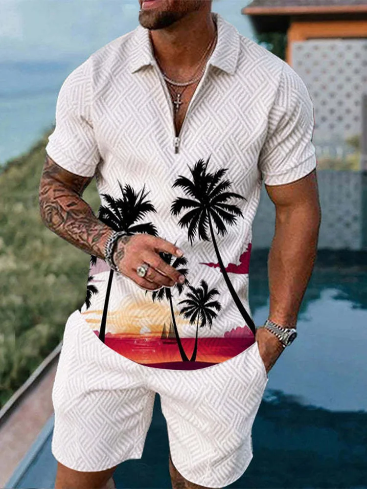 Funny Coconut Tree Print Men's Sets Summer Fashion Zip Polo Short Sleeve Tops Shorts Outfit Hawaiian Beach Vacation Casual Suit