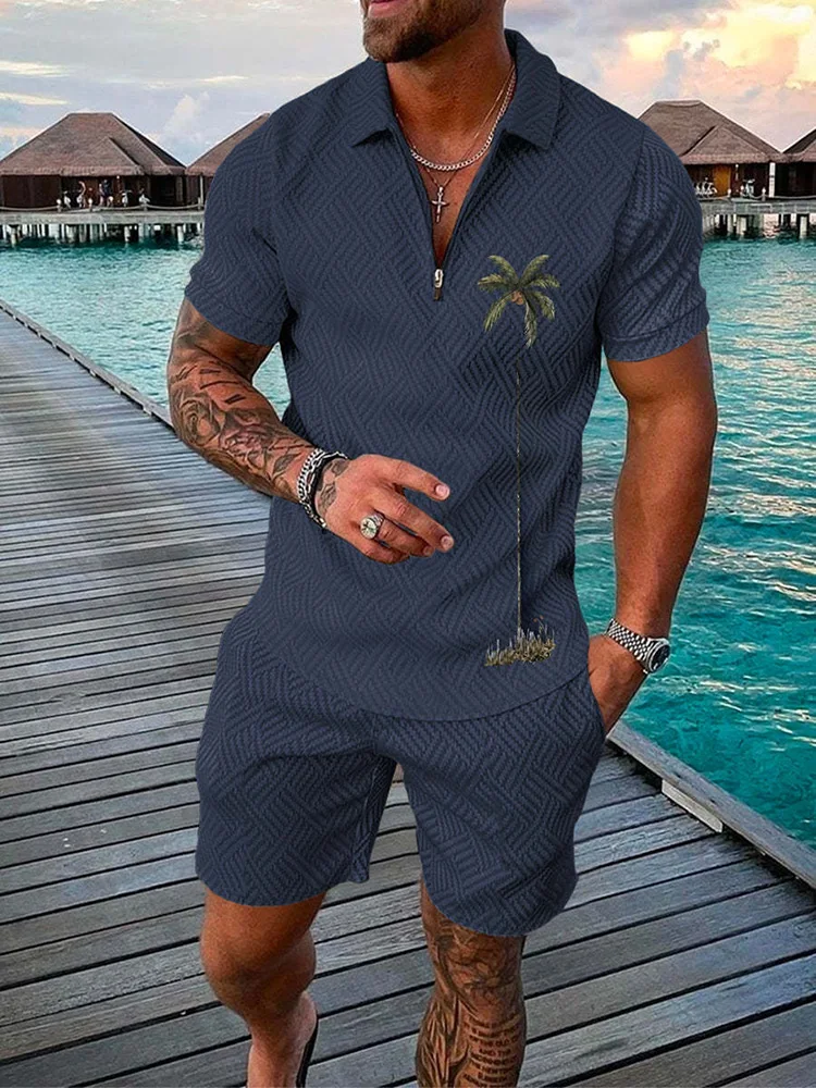 Funny Coconut Tree Print Men's Sets Summer Fashion Zip Polo Short Sleeve Tops Shorts Outfit Hawaiian Beach Vacation Casual Suit