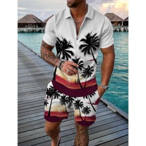Funny Coconut Tree Print Men's Sets Summer Fashion Zip Polo Short Sleeve Tops Shorts Outfit Hawaiian Beach Vacation Casual Suit