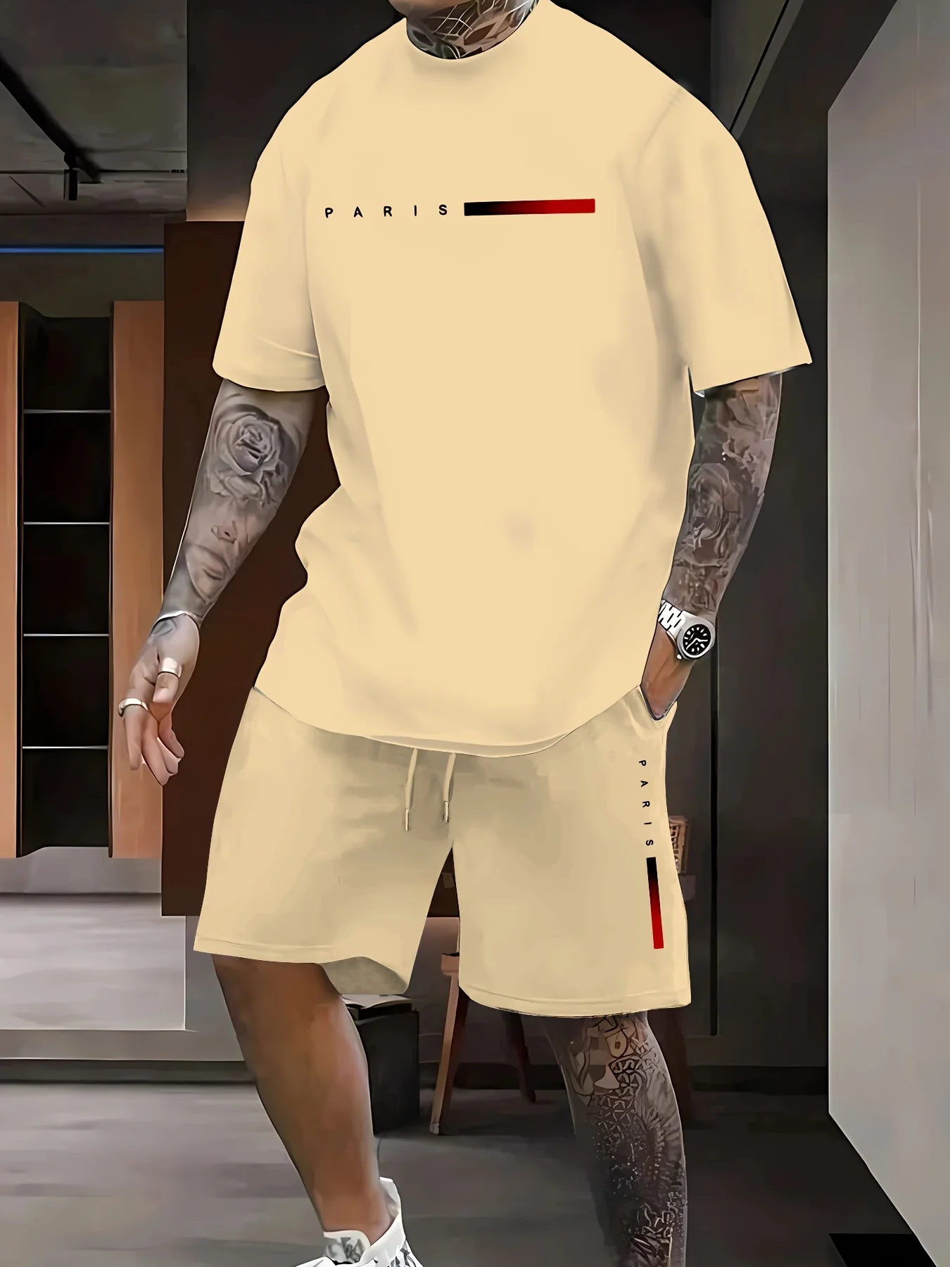 Summer Gradient Color Athletic T-Shirt and Shorts Set Stylish Men's Quick-Dry Athletic Short-Sleeve Top with Drawstring Shorts Summer Gradient Color Athletic T-Shirt and Shorts Set Stylish Men's Quick-Dry Athletic Short-Sleeve Top with Drawstring Shorts