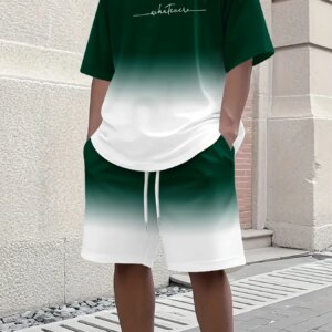 Summer Gradient Color Athletic T-Shirt and Shorts Set Stylish Men's Quick-Dry Athletic Short-Sleeve Top with Drawstring Shorts
