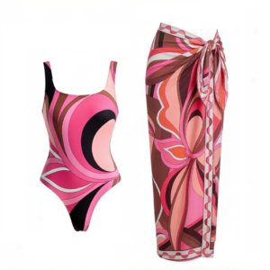 2026 New Long Sleeve Vintage Print One Piece Swimwear Zipper Women Bathing Suit And Wrap Skirt Surfing Swim Suit Beachwear
