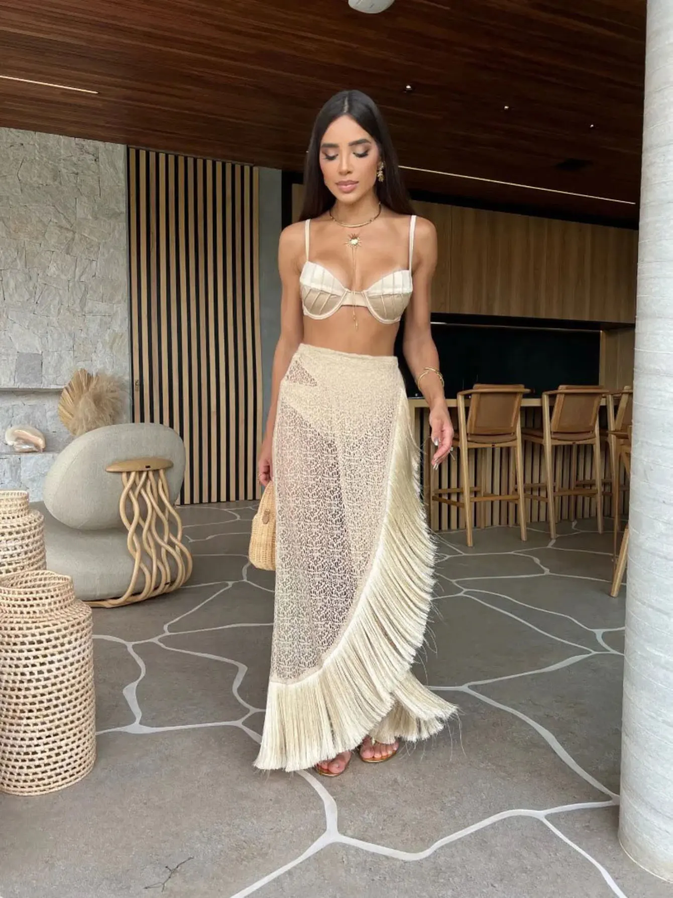 Sexy 3Pieces Push Up Bikini Set Women Swimsuit High Waist Perspective Tassel Skirt Beach Outing Bathing 2026 Feminine Swimwear