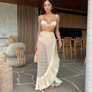 Sexy 3Pieces Push Up Bikini Set Women Swimsuit High Waist Perspective Tassel Skirt Beach Outing Bathing 2026 Feminine Swimwear