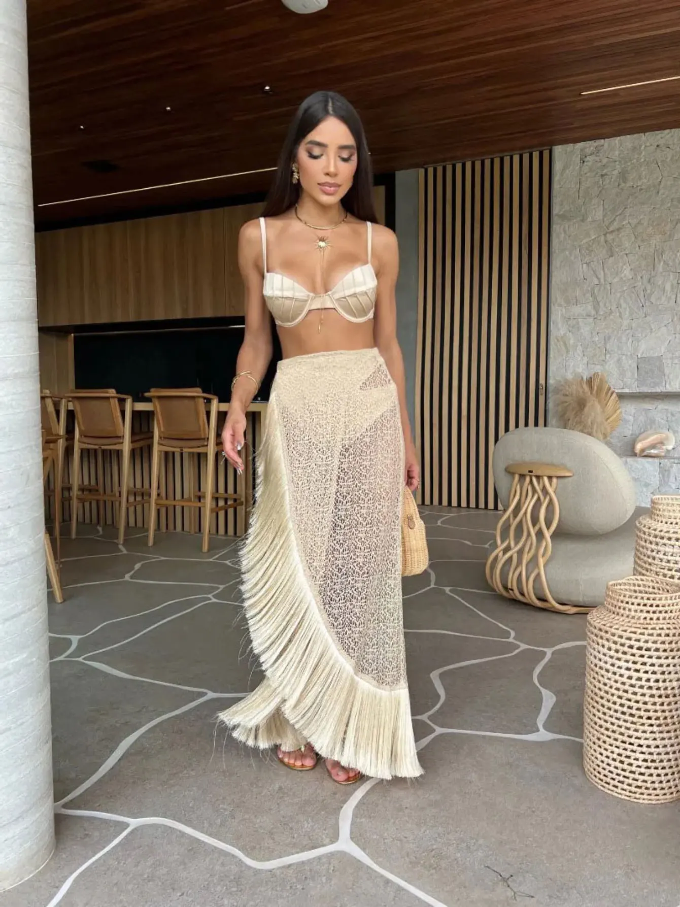 Sexy 3Pieces Push Up Bikini Set Women Swimsuit High Waist Perspective Tassel Skirt Beach Outing Bathing 2026 Feminine Swimwear