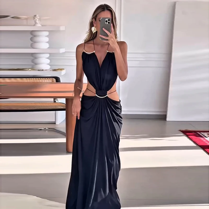Sexy Women's Backless Dress Halter Sleeveless Waist Hollow Out Solid Female Dresses 2026 Summer Vacation Beach Fashion Lady Robe