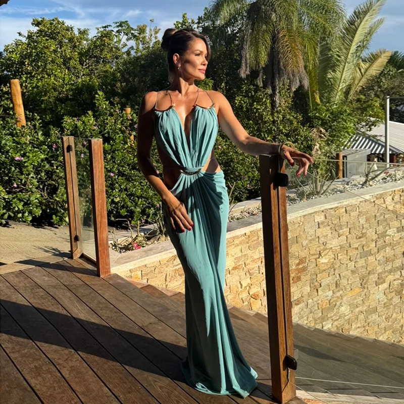 Sexy Women's Backless Dress Halter Sleeveless Waist Hollow Out Solid Female Dresses 2026 Summer Vacation Beach Fashion Lady Robe