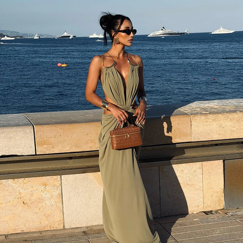 Sexy Women's Backless Dress Halter Sleeveless Waist Hollow Out Solid Female Dresses 2026 Summer Vacation Beach Fashion Lady Robe