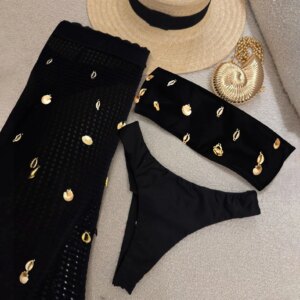 Sexy 3 Pieces Bikini Women Swimsuit With Crochet Pants Female Swimwear One Shoulder Bikini Tassels Swim Suit Bodysuit Beachwear