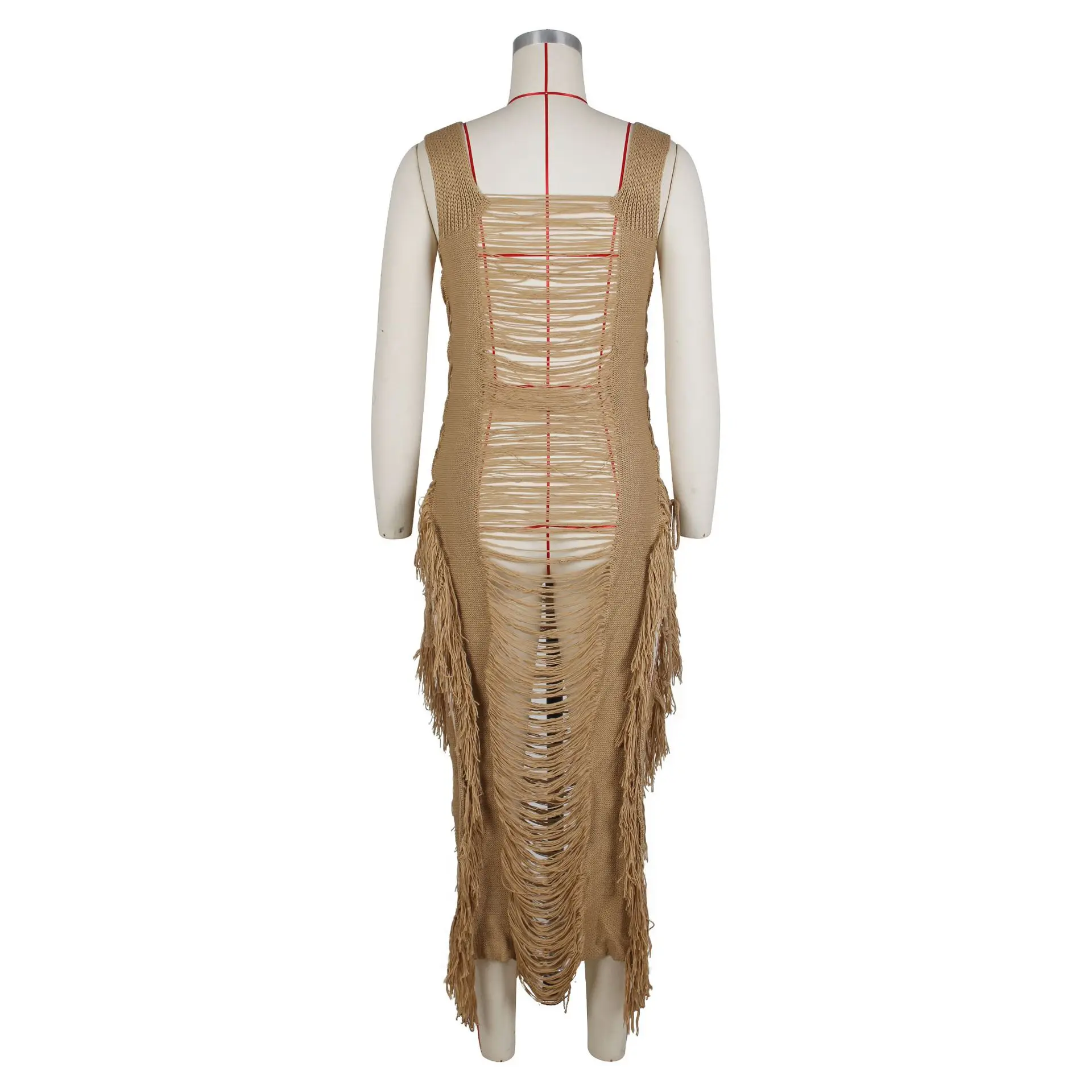 DEKA Women Knitted Tassel Beach Bikini Cover Up Backless Crochet Long Beach Dress Swimwear Side Split Hollow Out Sundress