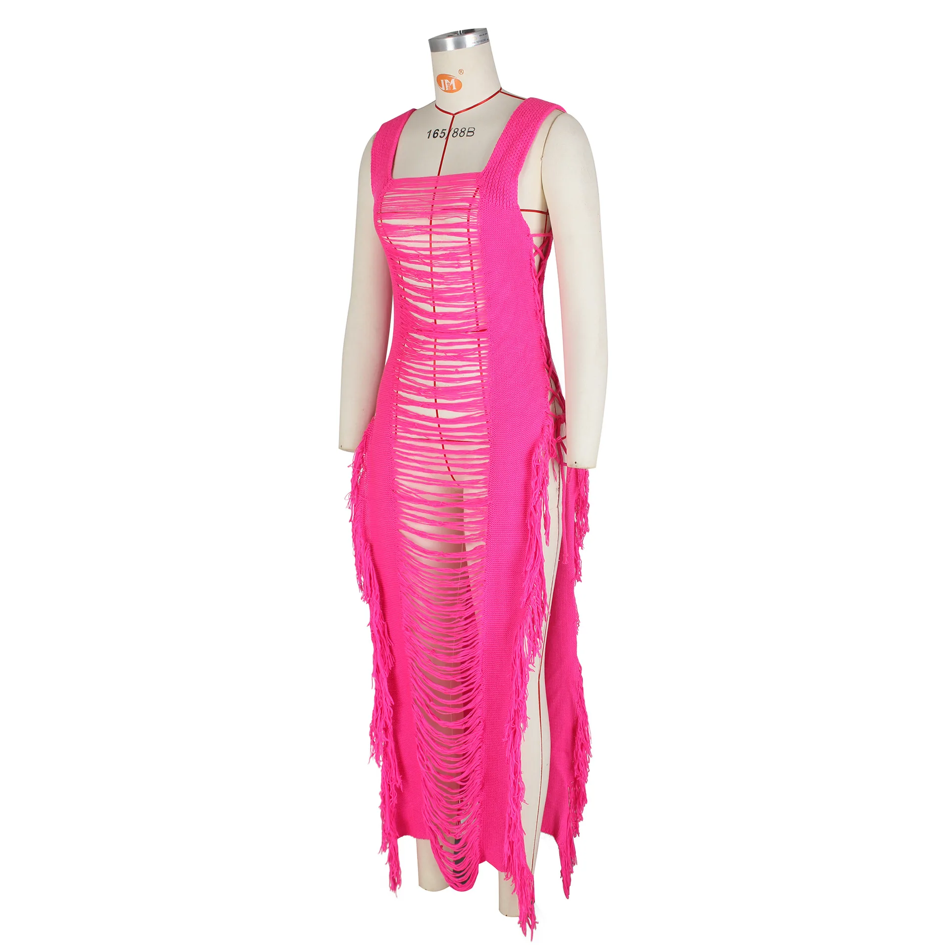 DEKA Women Knitted Tassel Beach Bikini Cover Up Backless Crochet Long Beach Dress Swimwear Side Split Hollow Out Sundress